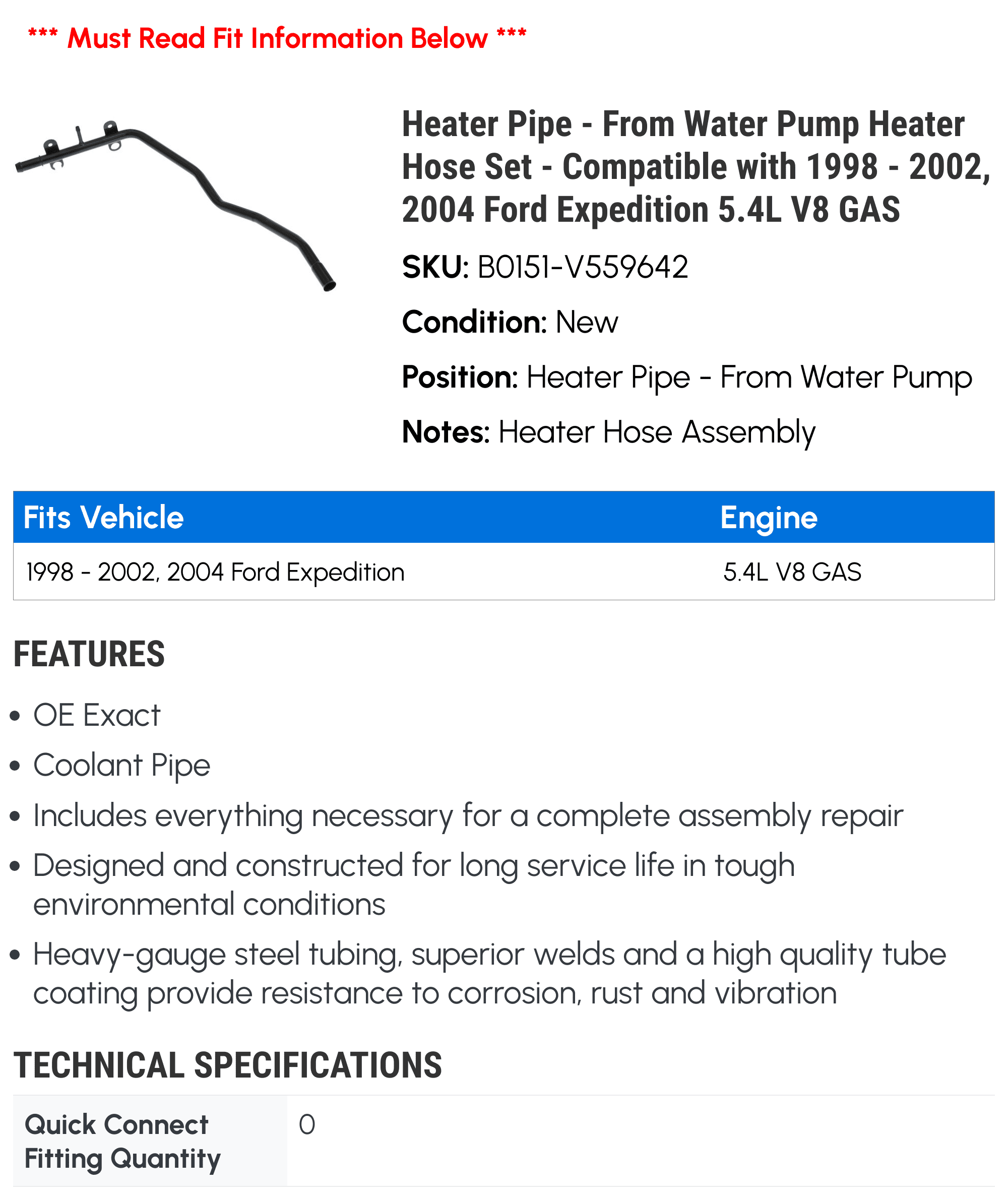 Heater Pipe - From Water Pump Heater Hose Set - Compatible with 1998 - 2002, 2004 Ford Expedition 5.4L V8 GAS - Gates
