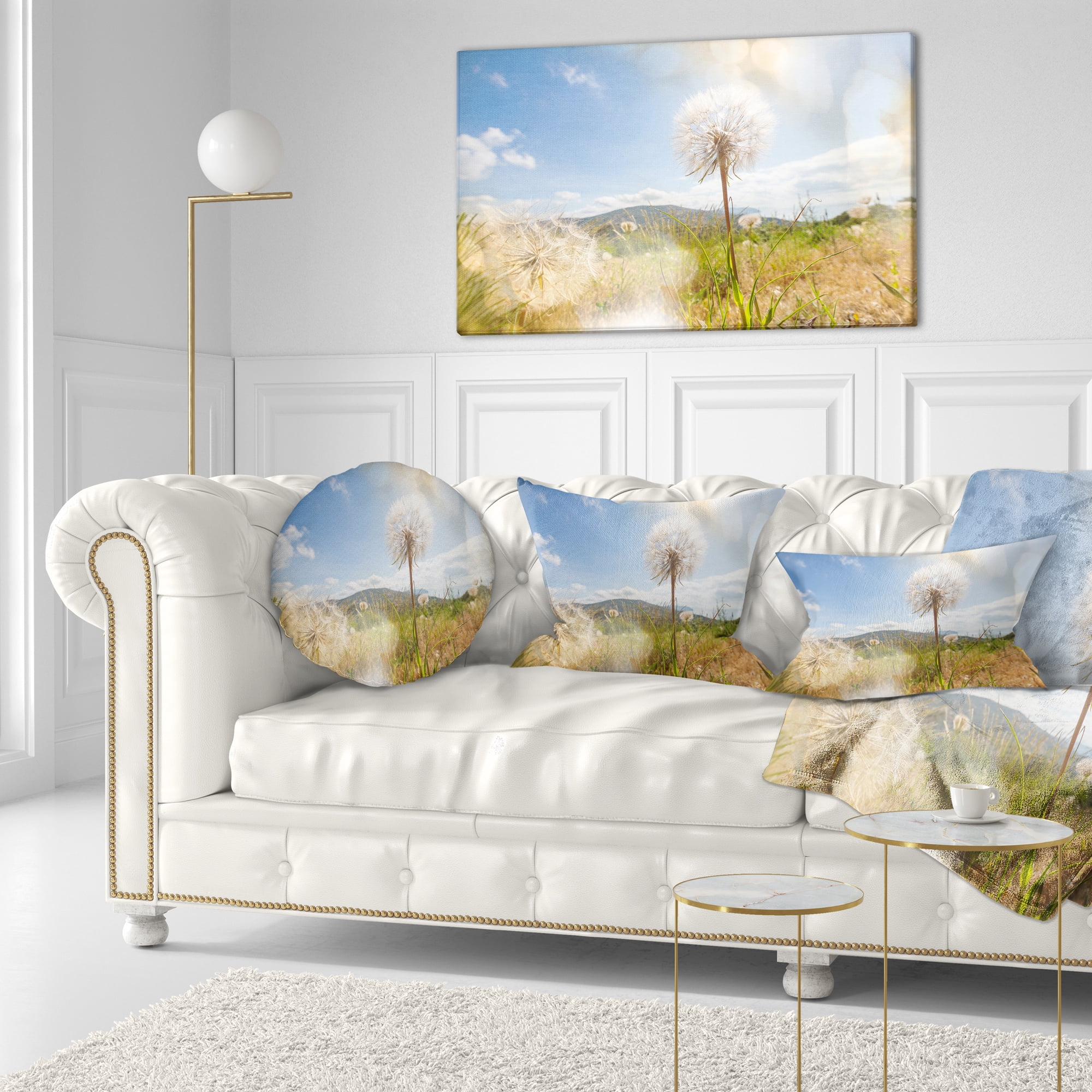 Designart Blooming Dandelion under Bright Sky - Floral Throw Pillow - 12x20