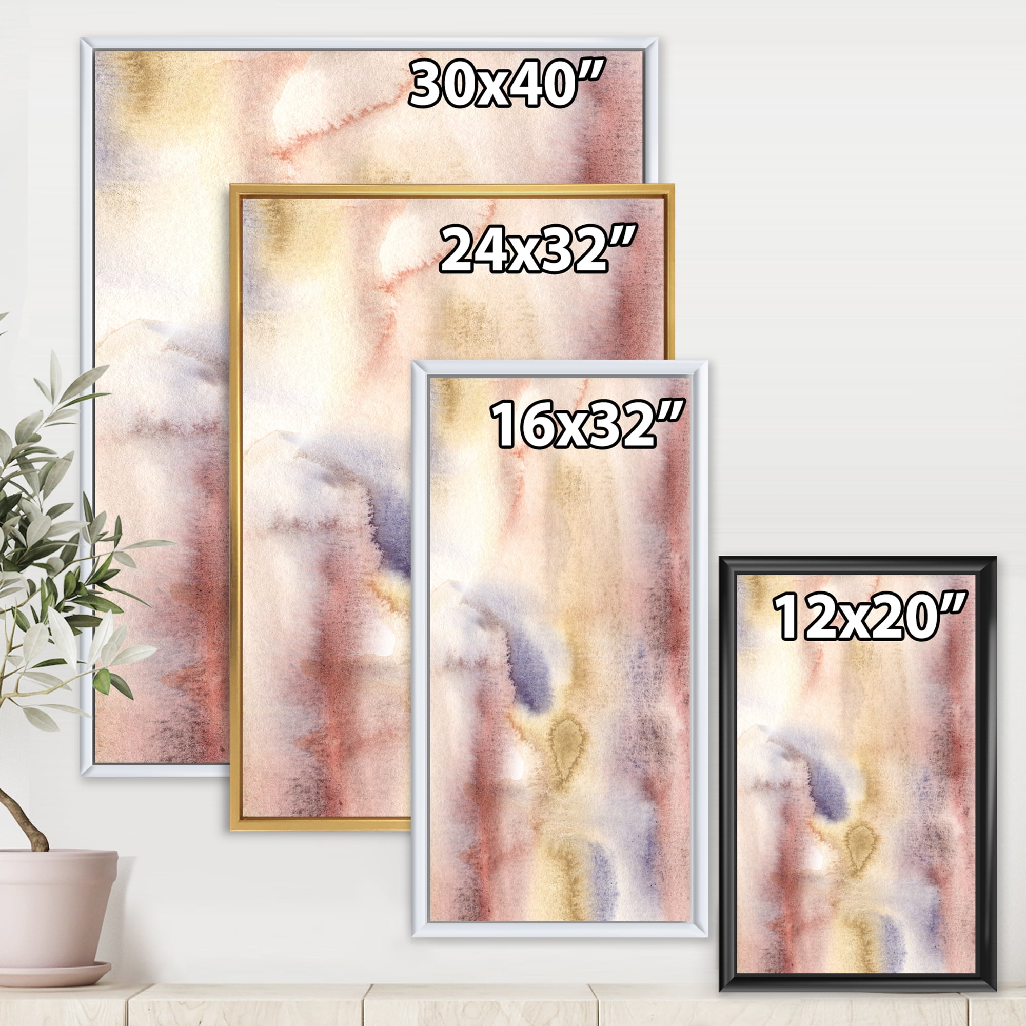 Designart 'Pastel Abstract With Pink Dark Blue and Yellow Spots' Modern Framed Canvas Wall Art Print