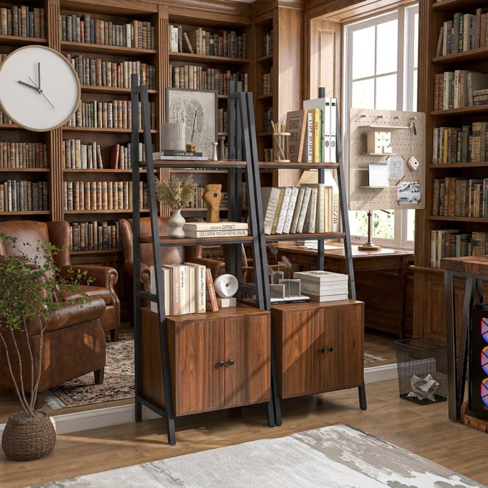 Furnibear 4-Tier Ladder Shelf with Cabinet and Metal Frame Rustic Brown, 21" x 16" x 63" - Open Storage Display Rack for Home Office