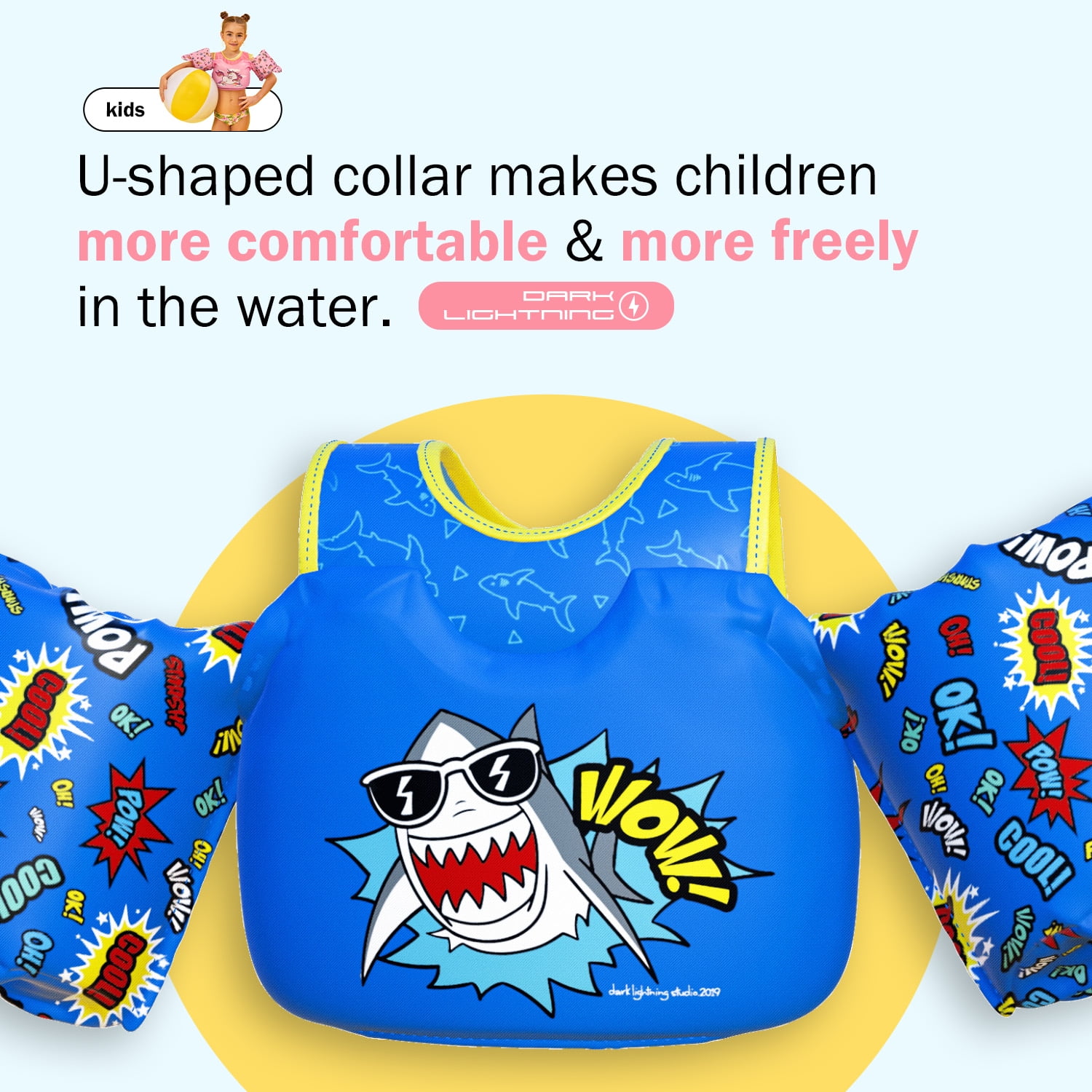 US Coast Guard (USCG) Approved Life Jacket for Kids, Toddler Swim Vest with Arm Floats for Pool,Shark