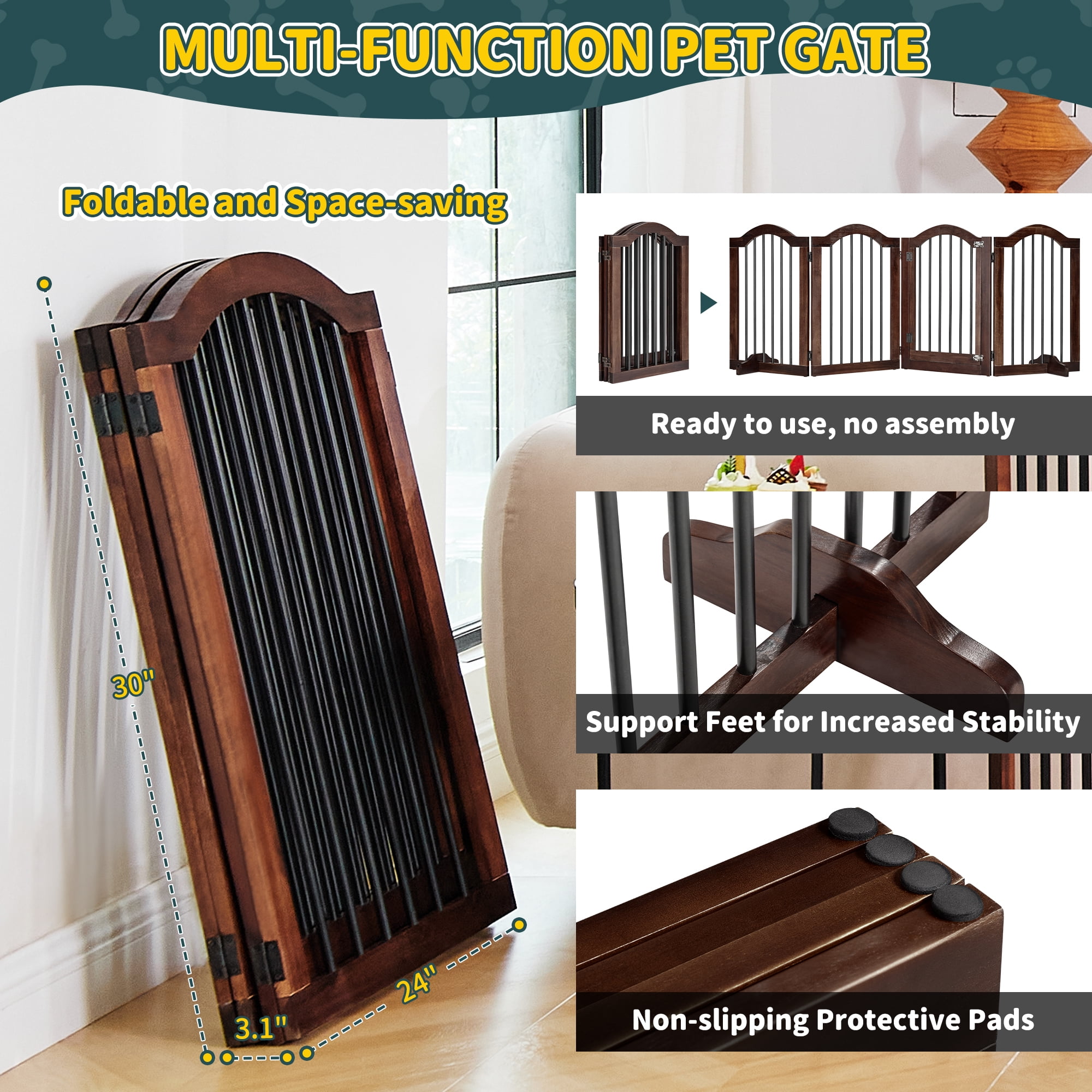 TrumanPick Free Standing Pet Gate with Door 30"H x 96"W Foldable Dog Gate 4 Panels Solid Wooden Dog Fence Indoor with Support Feet for House Doorways Stairs, Brown