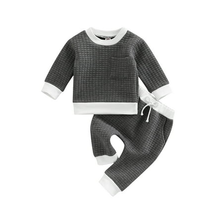 

Bagilaanoe 2Pcs Toddler Baby Boy Girl Outfits Plaid Jacquard Contrast Long Sleeve Sweatshirt Tops Trousers 6M 12M 18M 24M 3T Fall Long Pants Set