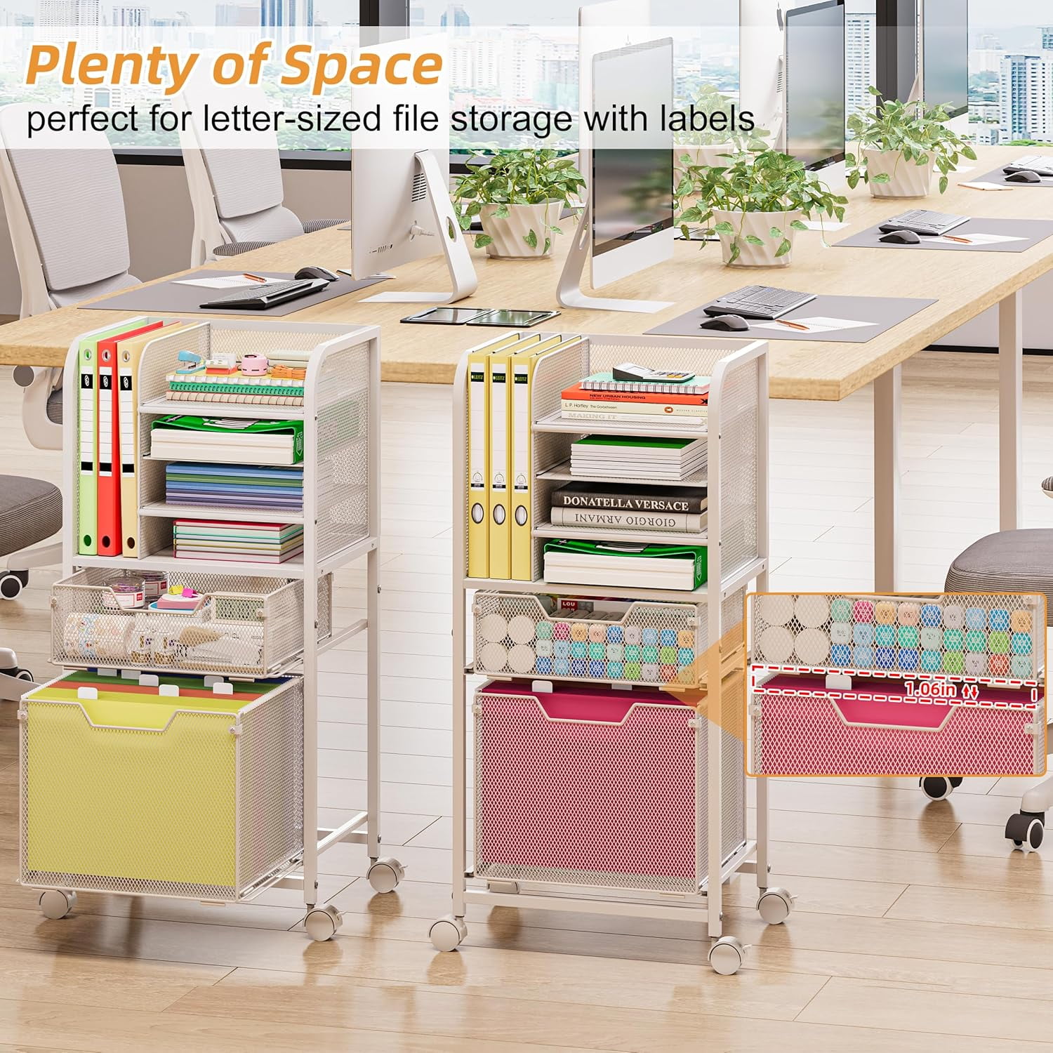 Rolling File Cart with 2 Drawers, White File Cabinet Organizer for Hanging File Folders, Letter-Size File Storage with Wheels, Multi-Layer Mobile Filing Cabinet for Office and Home, White