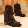 thumbnail image 2 of Dasayo Wide Calf Womens Booties Brown Slouch Mid-Calf Pull on Block Heel Buckle Faux Leather Boots Womans Shoes 38, 2 of 9