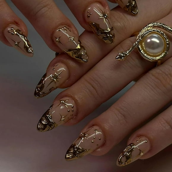 shiyou-Gold Star Moon French Tips Nails Press Ons, Gold Chrome Almond Press on Nails Fake Nails Glossy Acrylic Artificial Nails Stick on Nails for Women 24Pcs