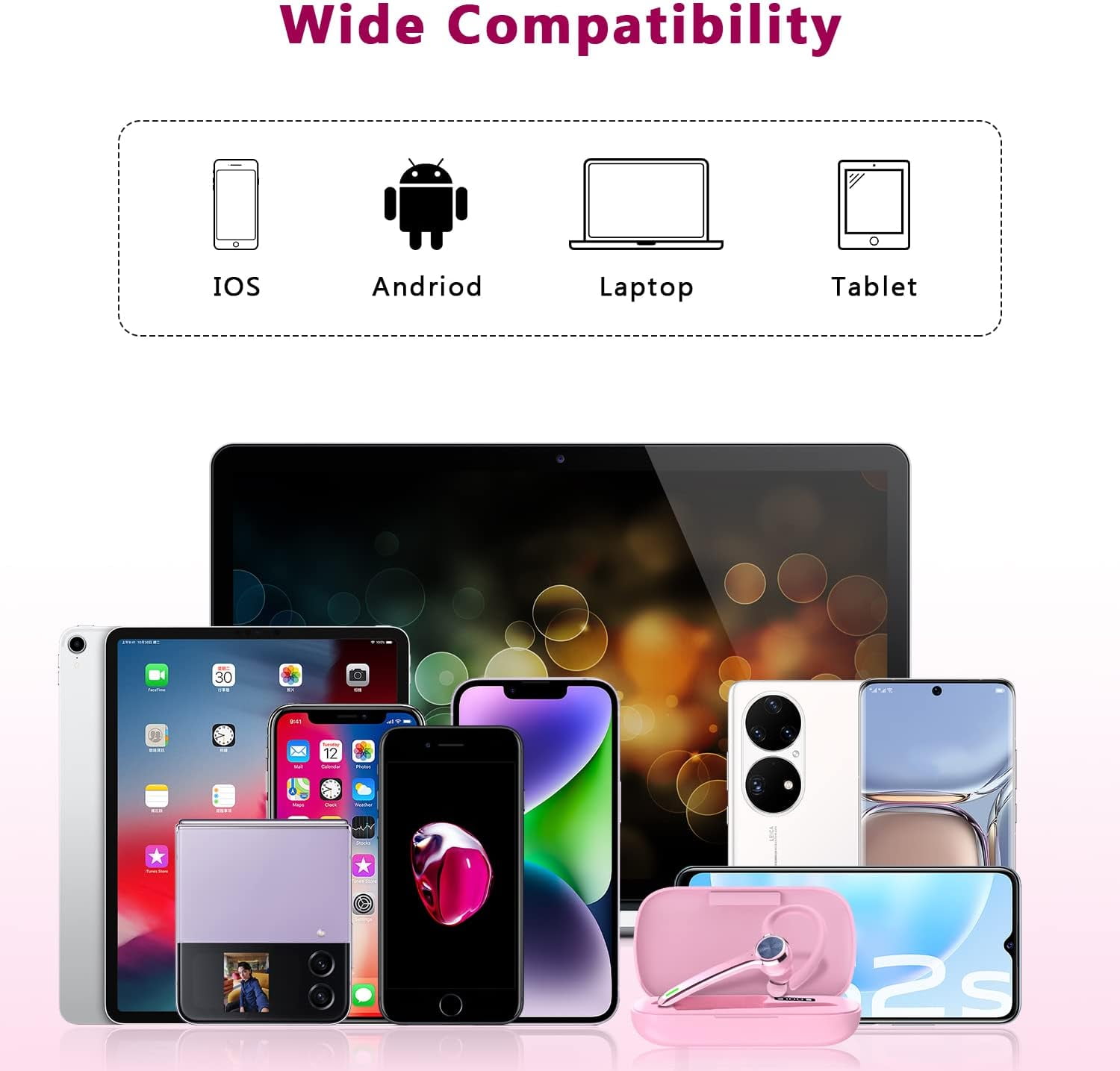 Bluetooth Headset, Wireless Bluetooth Earpiece with 500mAh Charging Case 72 Hours Talking Time Built-in Microphone for iOS Android Cell Phone, V5.1 Hand-Free Headphones for Trucker, Office-Pink