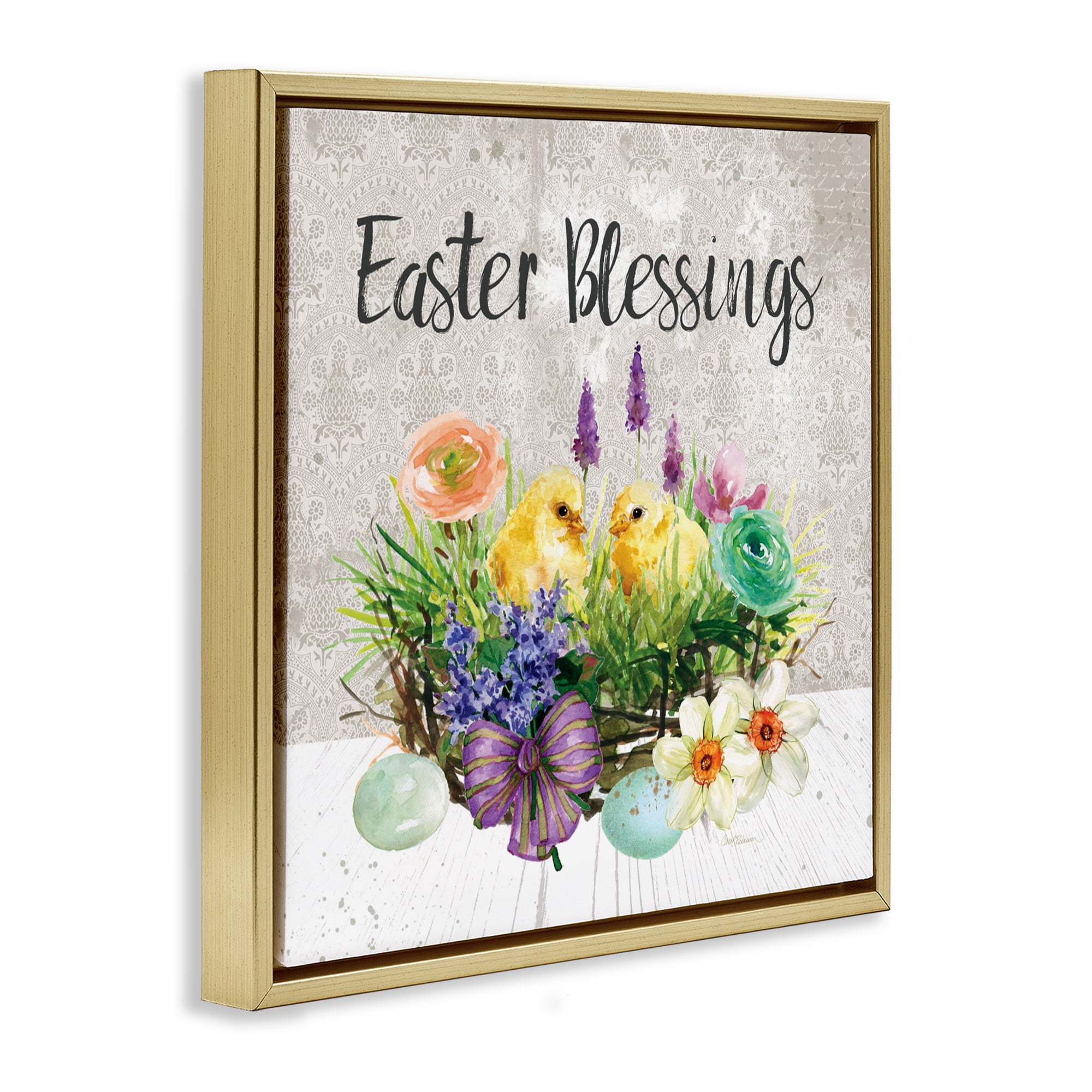 Stupell Industries Easter Blessings Basket of Flowers Gold Framed Floater Canvas Wall Art, design by Carol Robinson