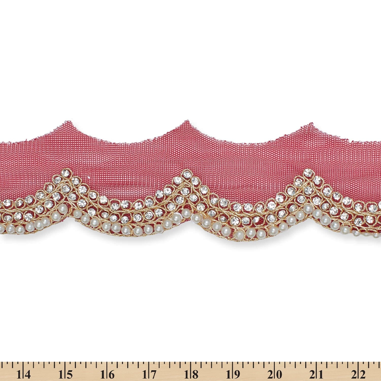 3 Inch Scalloped Regal Rhinestones Beads & Metallic Cording On Polyester Mesh Trim By The Yard For Sewing, Crafts, Decor, Or Upholstery - Burgundy (1 Yard)