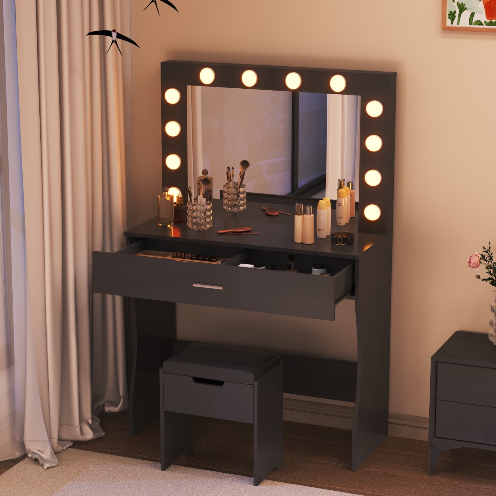VEANERWOOD Modern Vanity Table with Lighted Mirror and Stool, Black Finish, for Bedroom