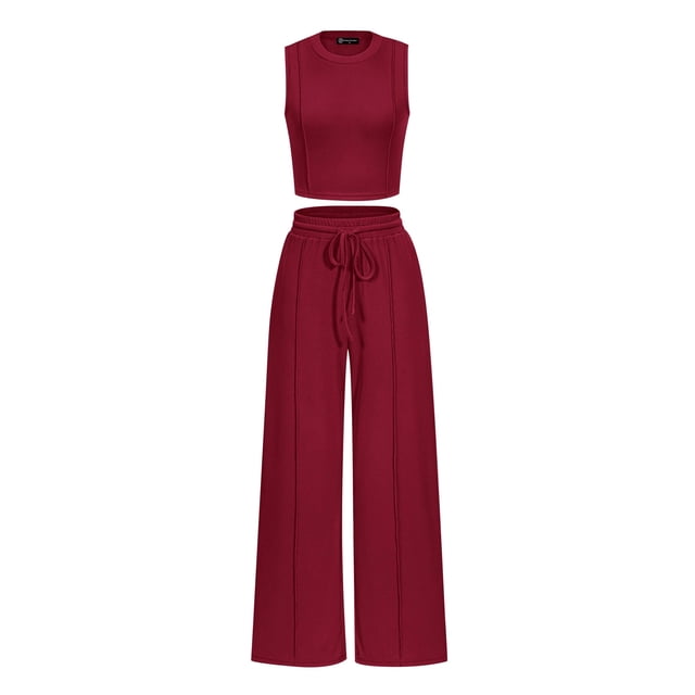 Conjunto Coordinado PRETTYGARDEN Top Corto y Pantalones Palazzo Vino Tinto Talla L