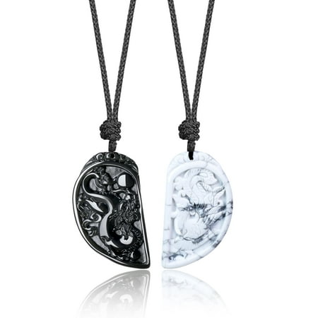 COAI Obsidian and Howlite Stone Dragon Phoenix Yin Yang Couple Pendant Necklaces