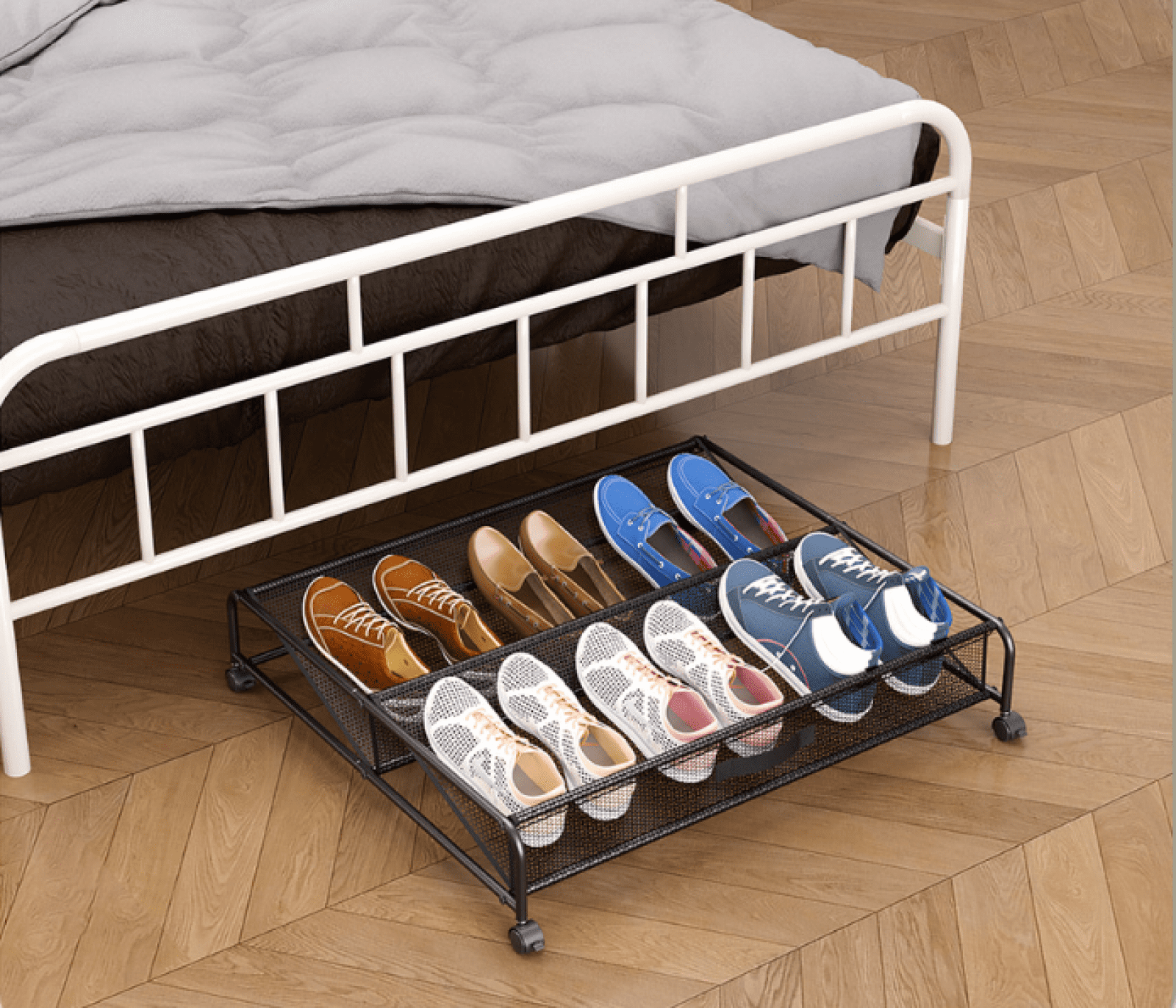 XZKING Under Bed Shoe Storage with Wheels 2 Pack Rolling Under Bed Storage Containers for Shoes Metal Shoe Rack Organizer Bedroom
