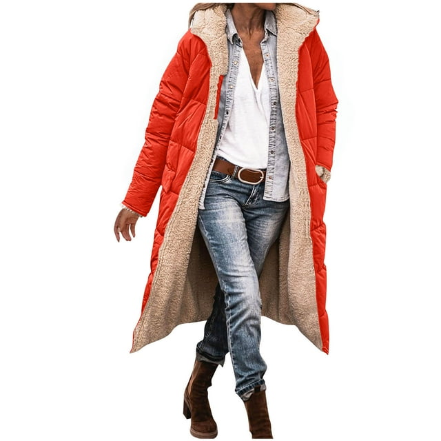 yardsong Manteau Sherpa Long Réversible - Veste Matelassée à Capuche Zippée Doublée en Molleton pour Femme Orange,TTTG