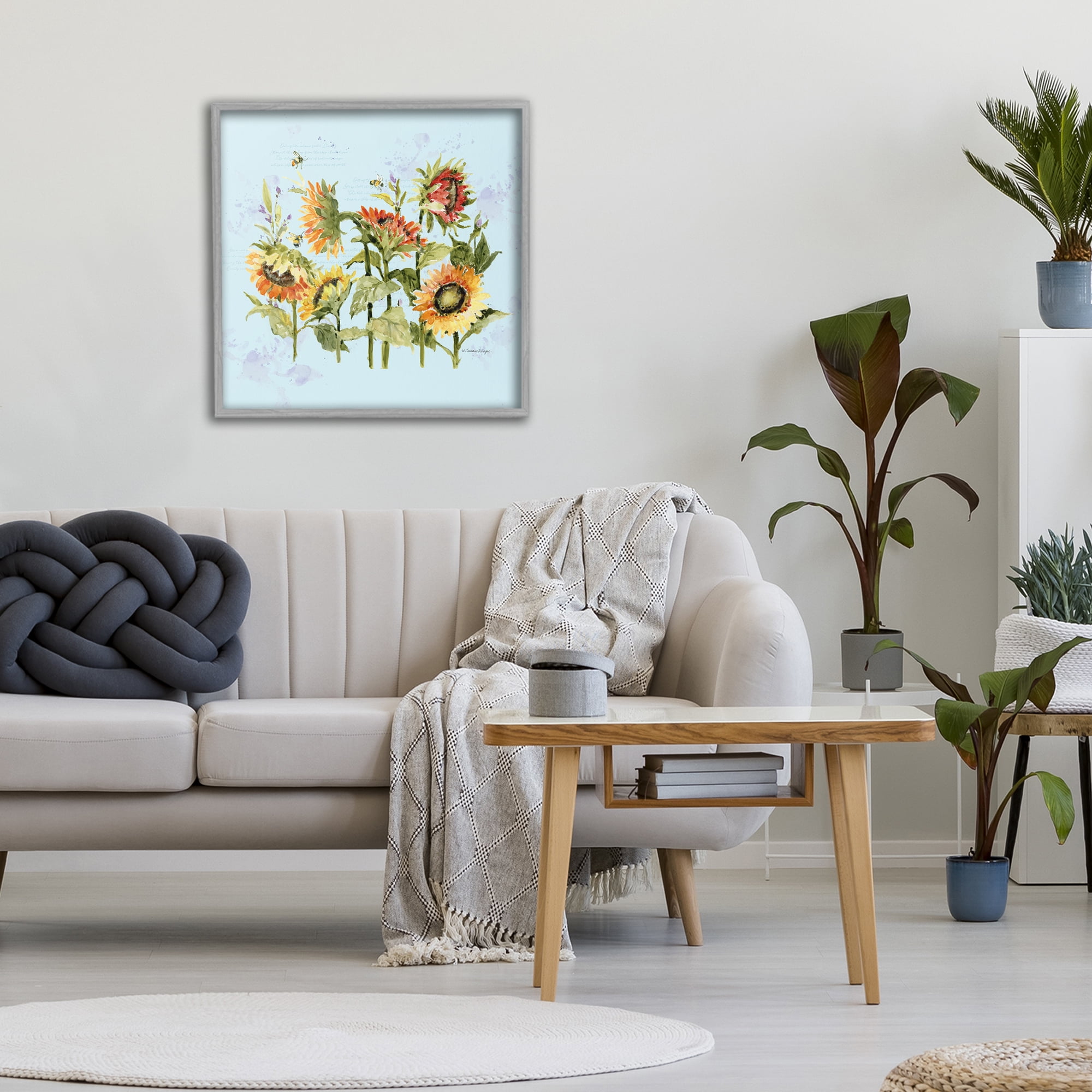 Stupell Industries Sunflowers & Bee on Blue Gray Framed Giclee Art, design by Susan Winget