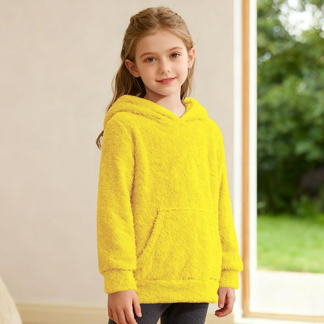 Yourumao Fuzzy Hoodies for Girls 5-14 Years Fleece Long Sleeve Hooded Pullover Comfy Solid Color Sweatshirts with Pockets