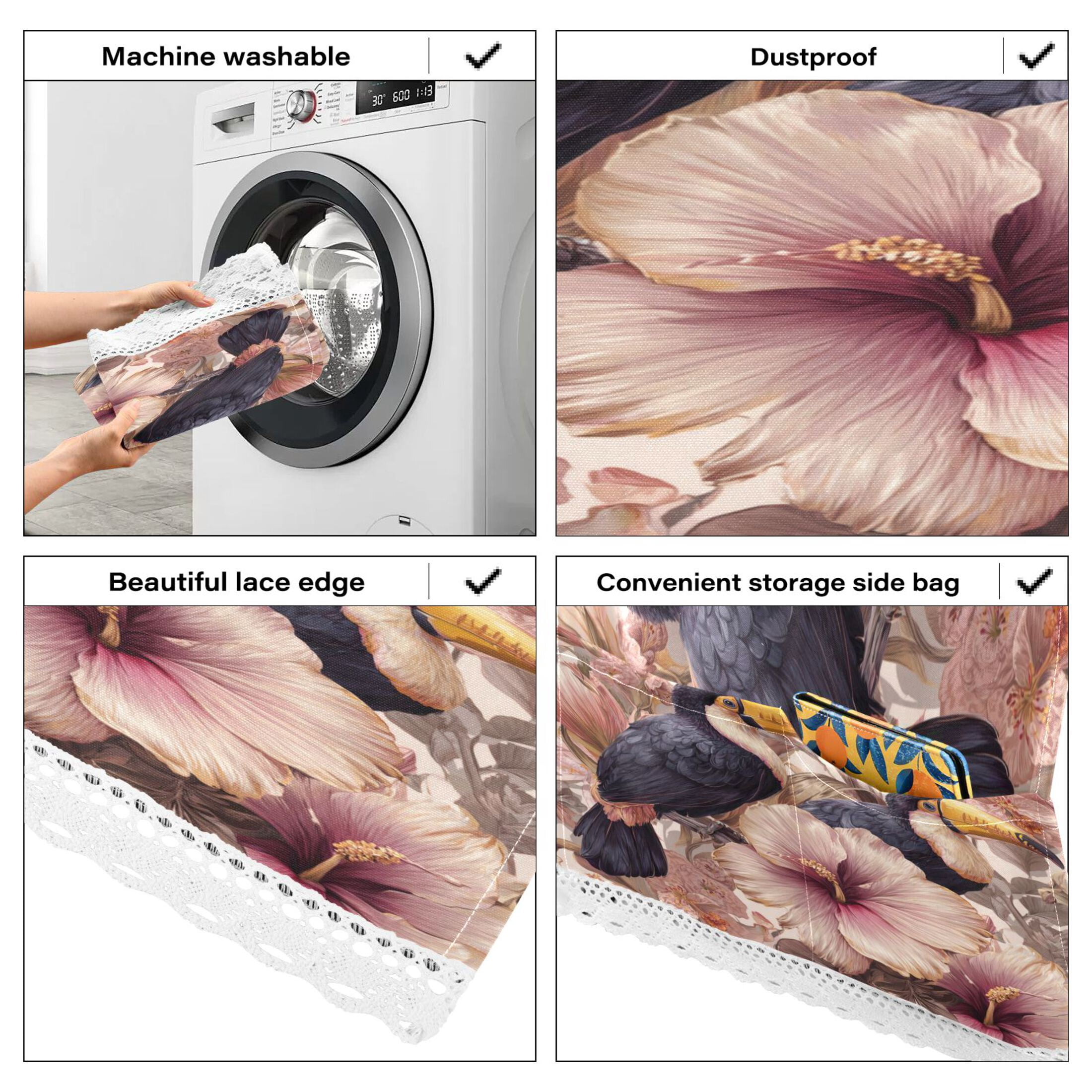 Wobogo Pink Flower Toucan Washing Machine Cover Dustproof Washer Dryer Cover Waterproof Laundry Room Decorative Protector