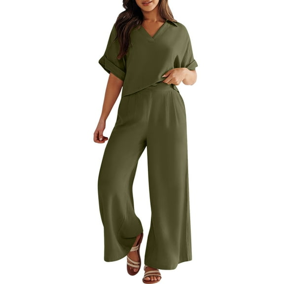 BYHONG Womens Summer Casual Outfits Short Sleeve V Neck Top Wide Leg Pants With Pocket Womens Pant Suits Army Green M
