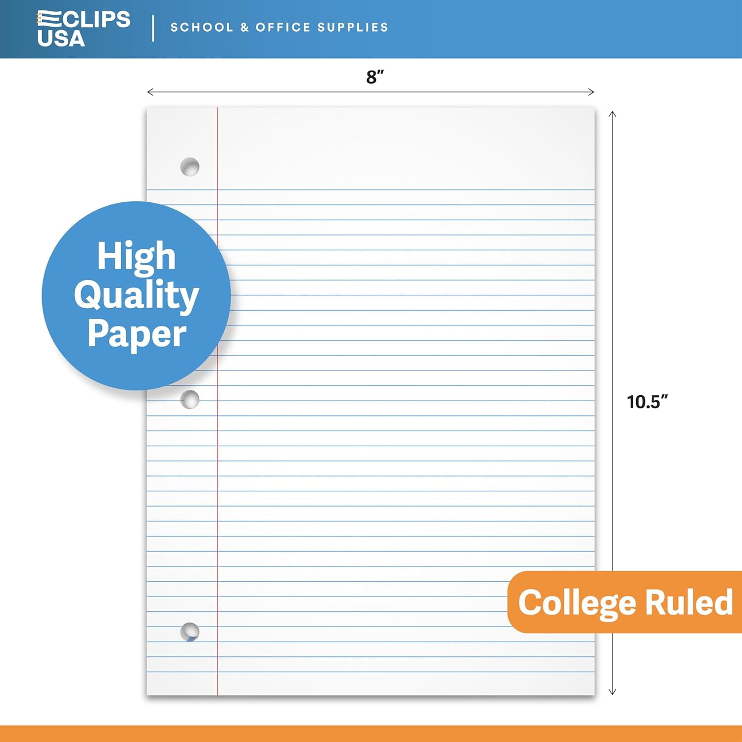 E-Clips USA 100-Sheet Notebook Paper, College-Ruled Loose Leaf Paper, 12-Pack
