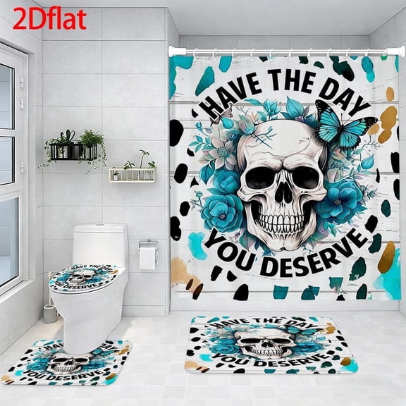Inspirational Skull & Blue Flowers Shower Curtain Set with 12 Hooks, Rugs & Accessories