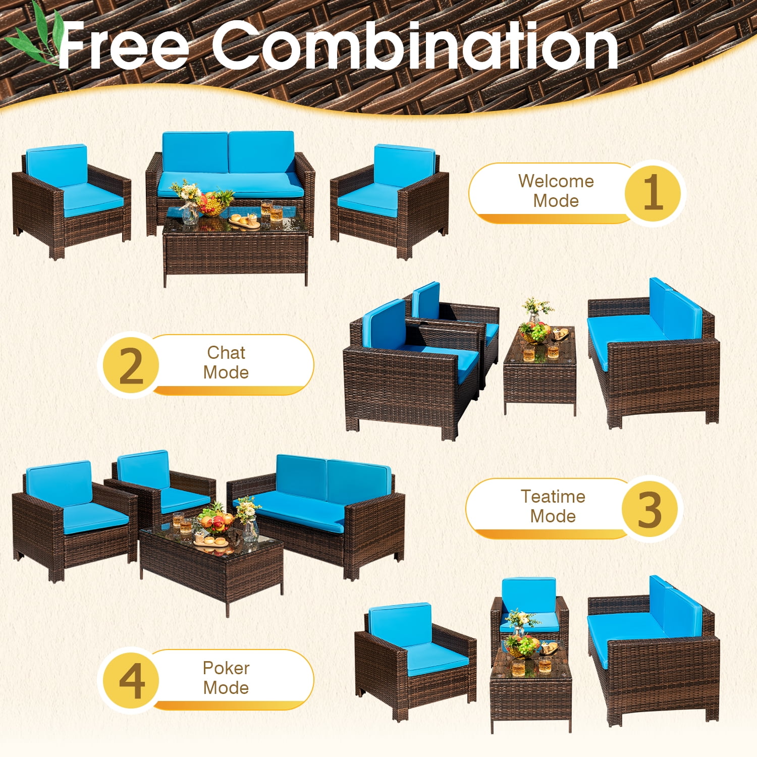 Devoko 4 Pieces Patio Conversation Set PE Rattan Wicker , Blue