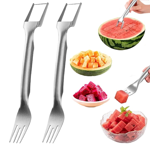 Watermelon Cutter, 2-in-1 Stainless Steel Fruit Cutter, Dual Head Watermelon Fork Slicer Tool, Summer Fruit Cutting Kitchen Gadget for Home (2PCS)