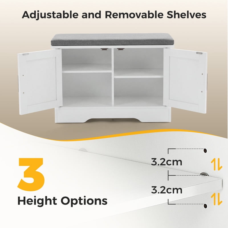 Gianna 28 Inch Shoe Storage Bench，Shoe Organizer Cabinet with Padded Seat Cushion, 4 Doors, Adjustable Shelf for Entryway, White
