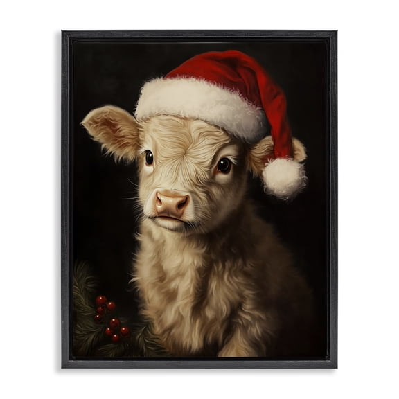 Stupell Industries Farmhouse Christmas Hat Highland Cow Black Floating Frame Canvas Art, 17 x 21, by Arlington Prints