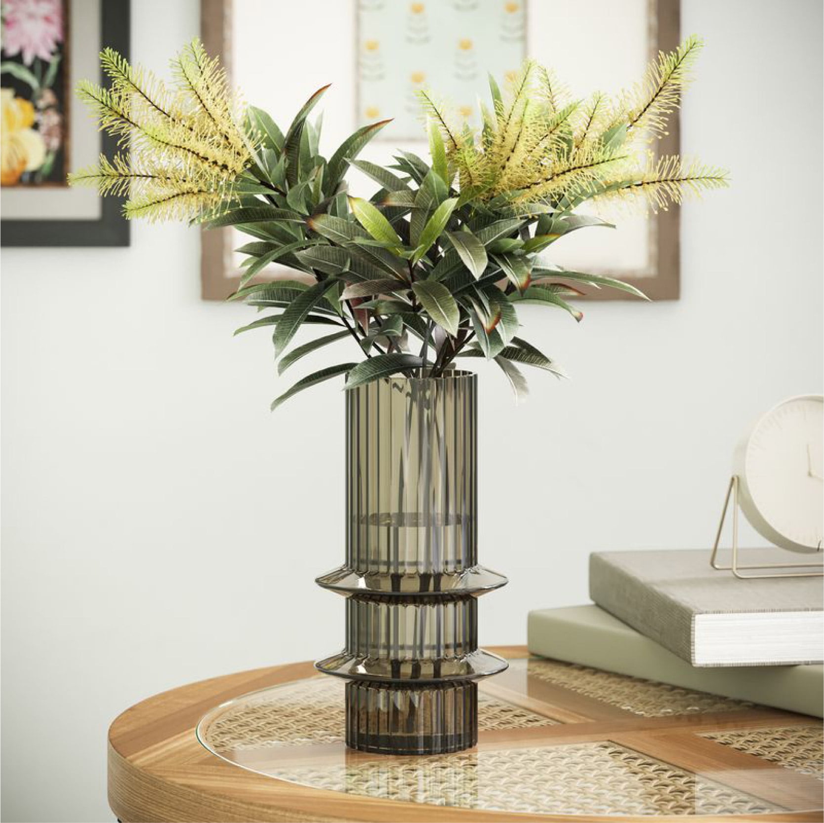 Beautiful 8.5" Tall Ribbed Oyster Gray Tubular Glass Vase by Drew Barrymore, 3.93" D