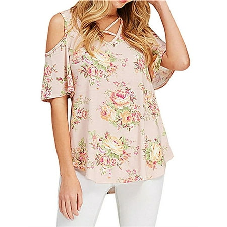 - Flower Print Cold Shoulder Cotton T-shirt Women Casual Tops