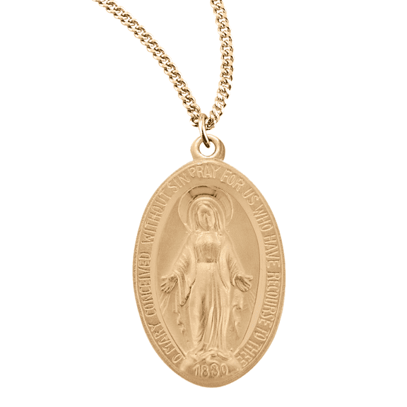 16kt Plated Sterling Silver Miraculous Medal Blessed Virgin Mary Oval Pendant Necklace on 24" Gold-Plated Chain – Made in USA – Deluxe Velvet Gift Box Included