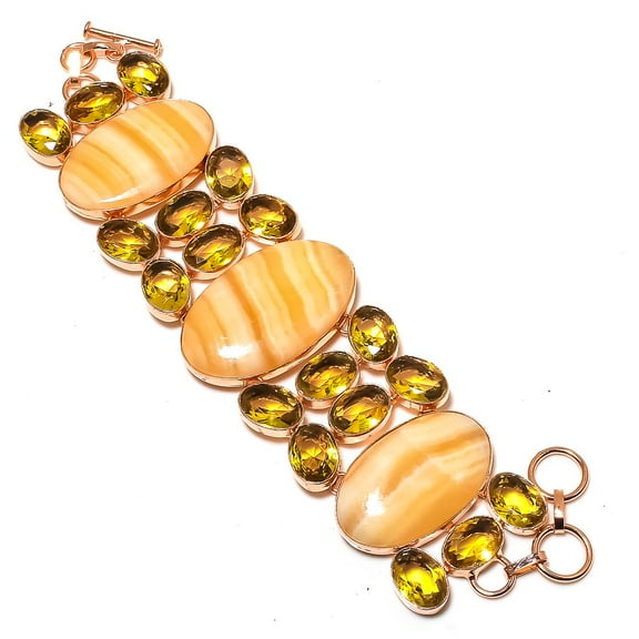 Natural Yellow Calcite, Citrine Gemstone 925 Sterling Silver Bracelet 7-8"