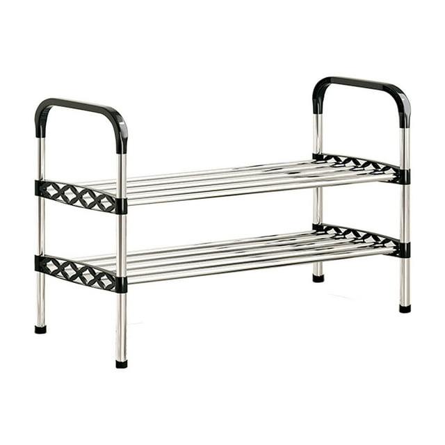 2 Tier Stainless Steel Shoe Rack, No-Assembly Pull-Out Shoe Shelf for Entryway & Dorm, Heavy-Duty Frame Holds 4 Pairs, Compact Design