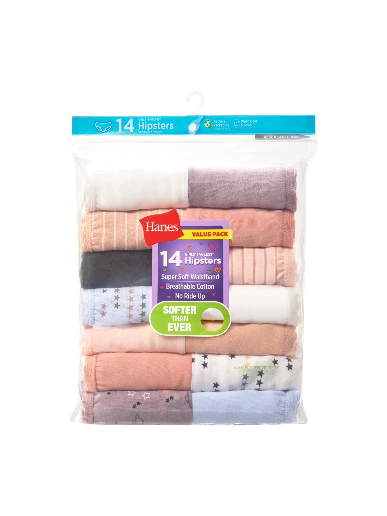 Girls' Tagless Cotton Underwear Hipsters Super Value Pack, 14-pack, sizes 6-16