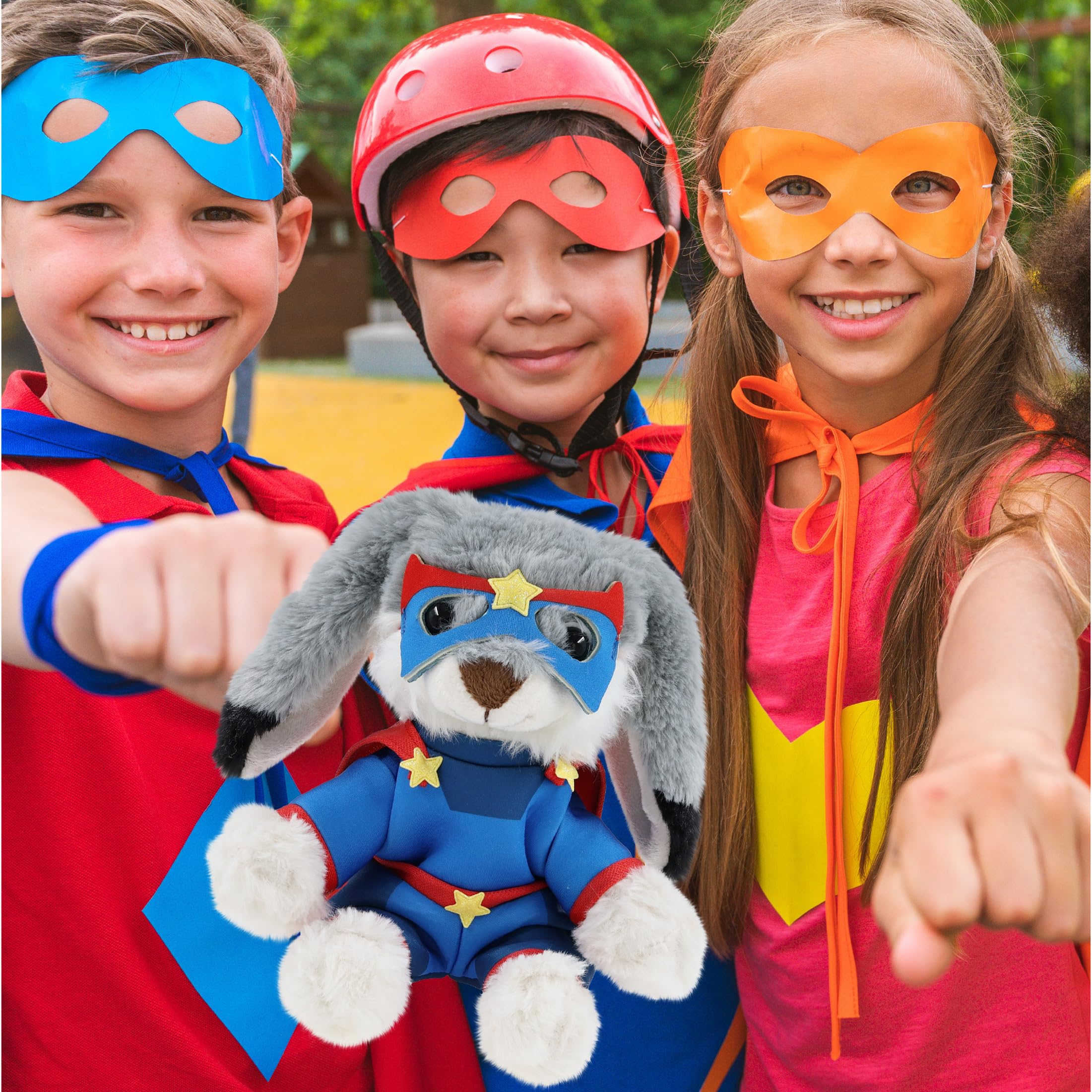 DolliBu Grey Rabbit Plush Stuffed Animal with Superhero Costume - Cute Farm Toy with Red Cape Blue Suit, Eye Mask - Super Hero Adventure Plush for Kids - 7 Inches
