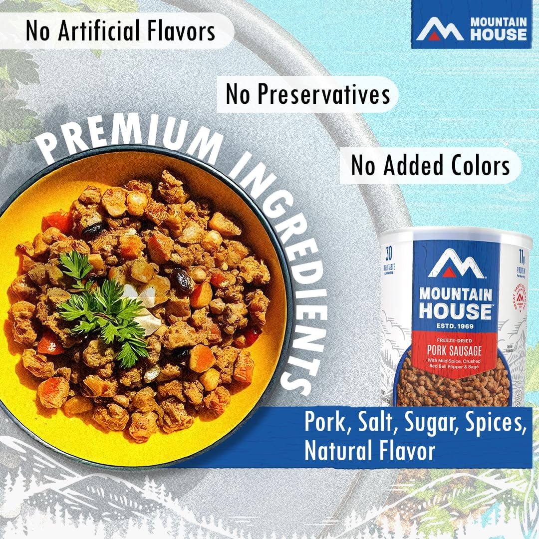 Mountain House Fully Cooked Pork Sausage with Mild Spice Freeze Dried Survival Camping Food, 32.4 oz, Can (6 Pack)