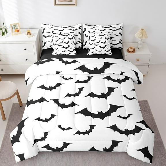 Manfei Spooky Bats Bedding Sets Twin Size,Halloween Theme Comforter Sets with Sheets,Black White Bed in a Bag Twin Size,Super Cozy Bedroom Decoration Reversible,7-Piece