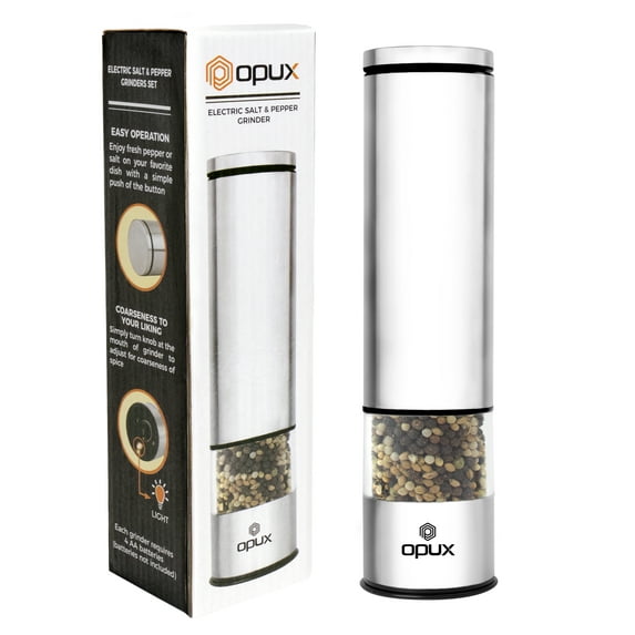 OPUX Battery Operated Salt and Pepper Grinder | Automatic Pepper Mill, Electric Salt Shaker with LED Light and Bottom Cover | Corrosion Resistant Stainless Steel, Sleek Modern Design (Steel)