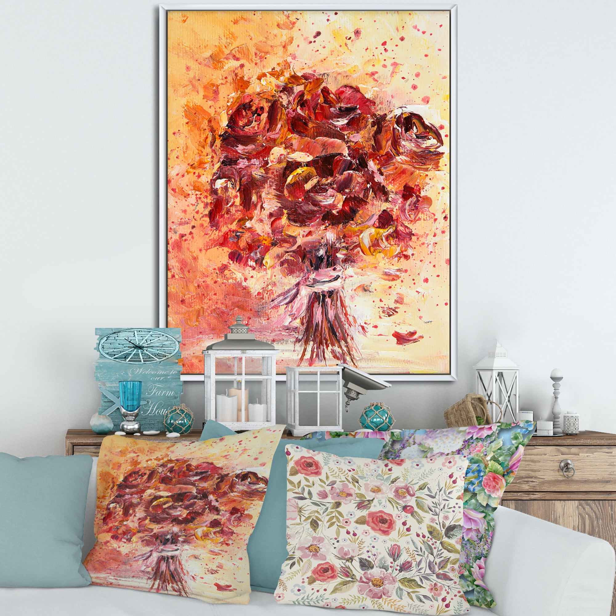 Ancient Red Fresh Flowers Bouquet 30 in x 40 in Framed Painting Canvas Art Print, by Designart
