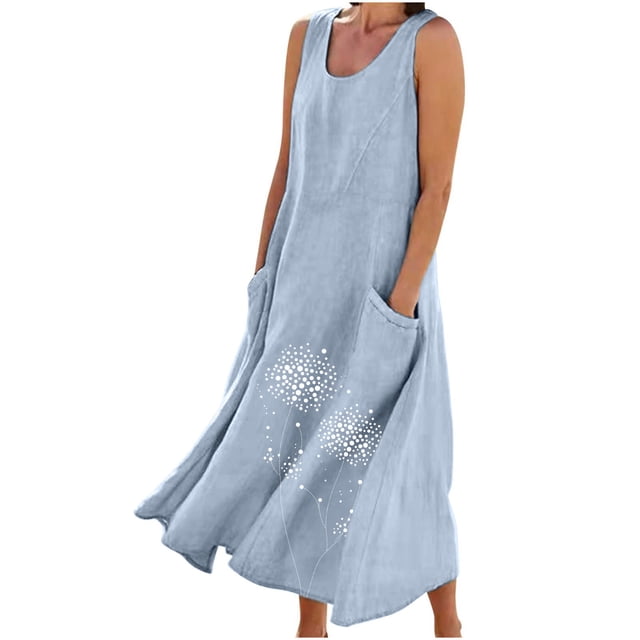 Staron Robes d'Été Bleues pour Femmes 2025 Coton Lin Longues Sans Manches Décontractées Printemps Grandes Tailles Décontractées Fluides Robe d'Été Unie Col Rond avec Poches m