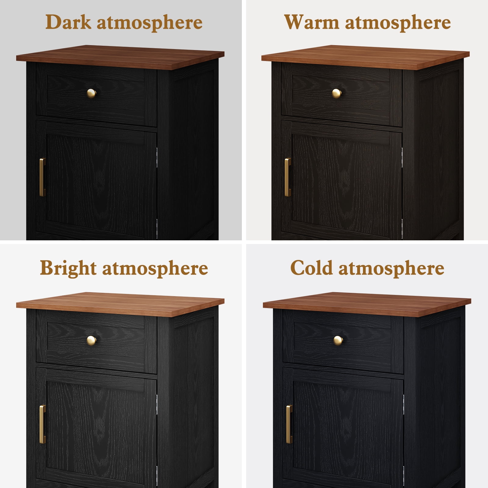 HLR 19" Farmhouse Nightstands Set of 2 with Drawer and Door, Wood Bedside Table End Table for Bedroom, Black