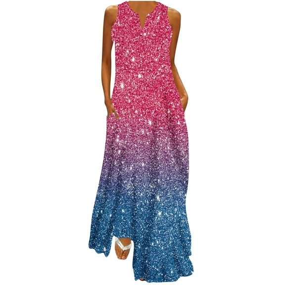 pimelu Dresses for Women Maxi Dress for Women Loose Pocket Evening Party Formal Tank Maxi Dresses Summer Vintage Gradient Sleeveless V-Neck Ladies Long Sundresses