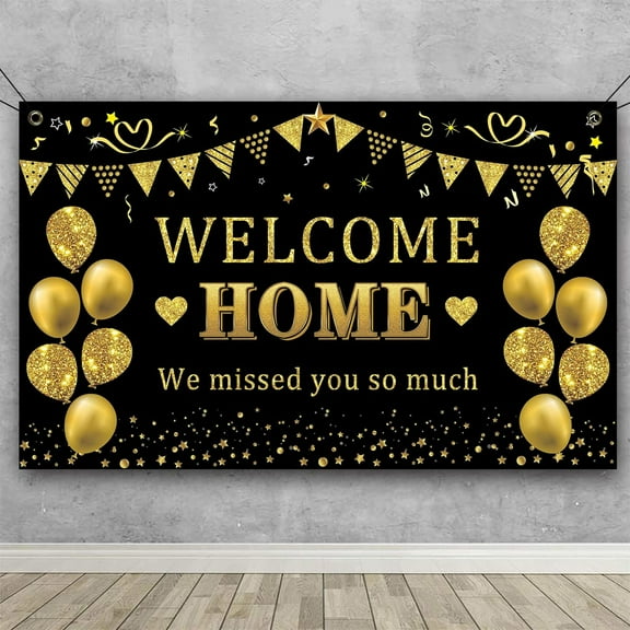 Welcome Home Banner Decorations, Black Gold Welcome Home Backdrop, We Missed You So Much Party Decor, Family Reunion Patriotic Military Homecoming Returning Party Supplies 5x3FT