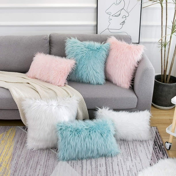 Cpdd Set of 2 White Decorative Lumbar Fluffy Pillow Covers