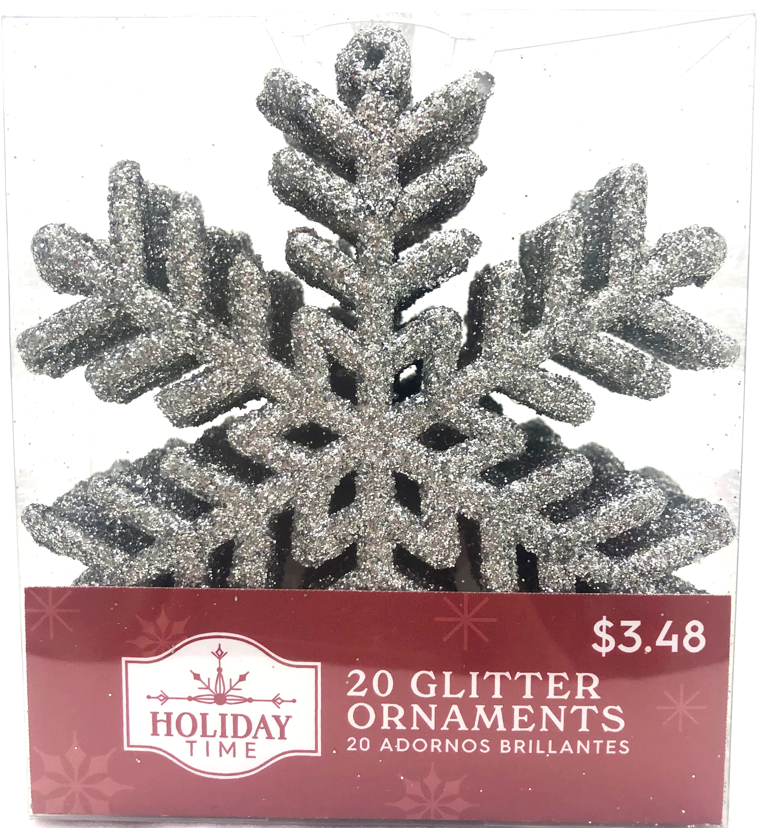 Holiday Time Silver Glitter Snowflake Christmas Ornaments, 20 Count