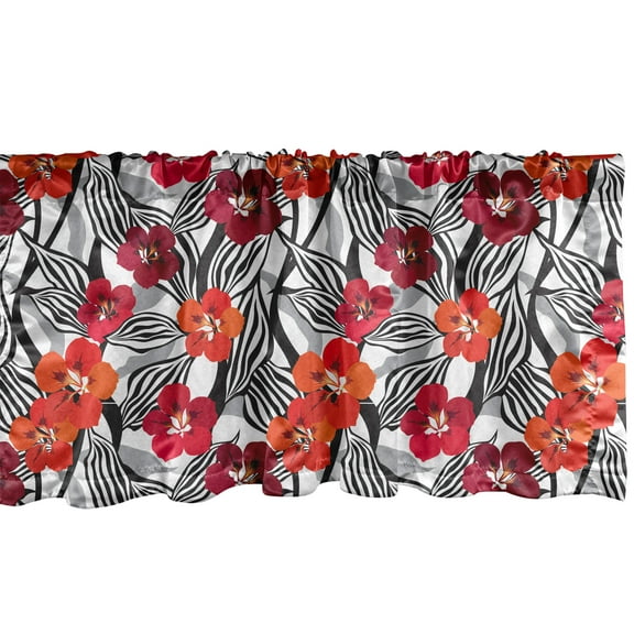Ambesonne Floral Valance Pack of 2, Flowers with Striped Leaves, 54"X12", Vermilion Maroon