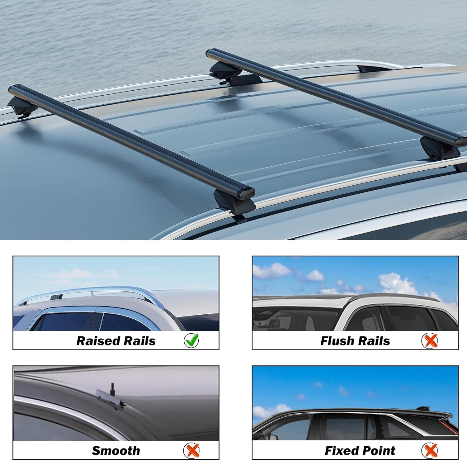 47 Inch Aluminum Roof Rack Cross Bars for Raised Side Rails, Adjustable Cargo Bars, Hold 165 LBS, Black