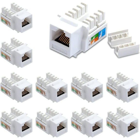 10-Pack Cat6 Keystone Jack RJ45 90 Degree Network Connector UTP 110 Punch Down White