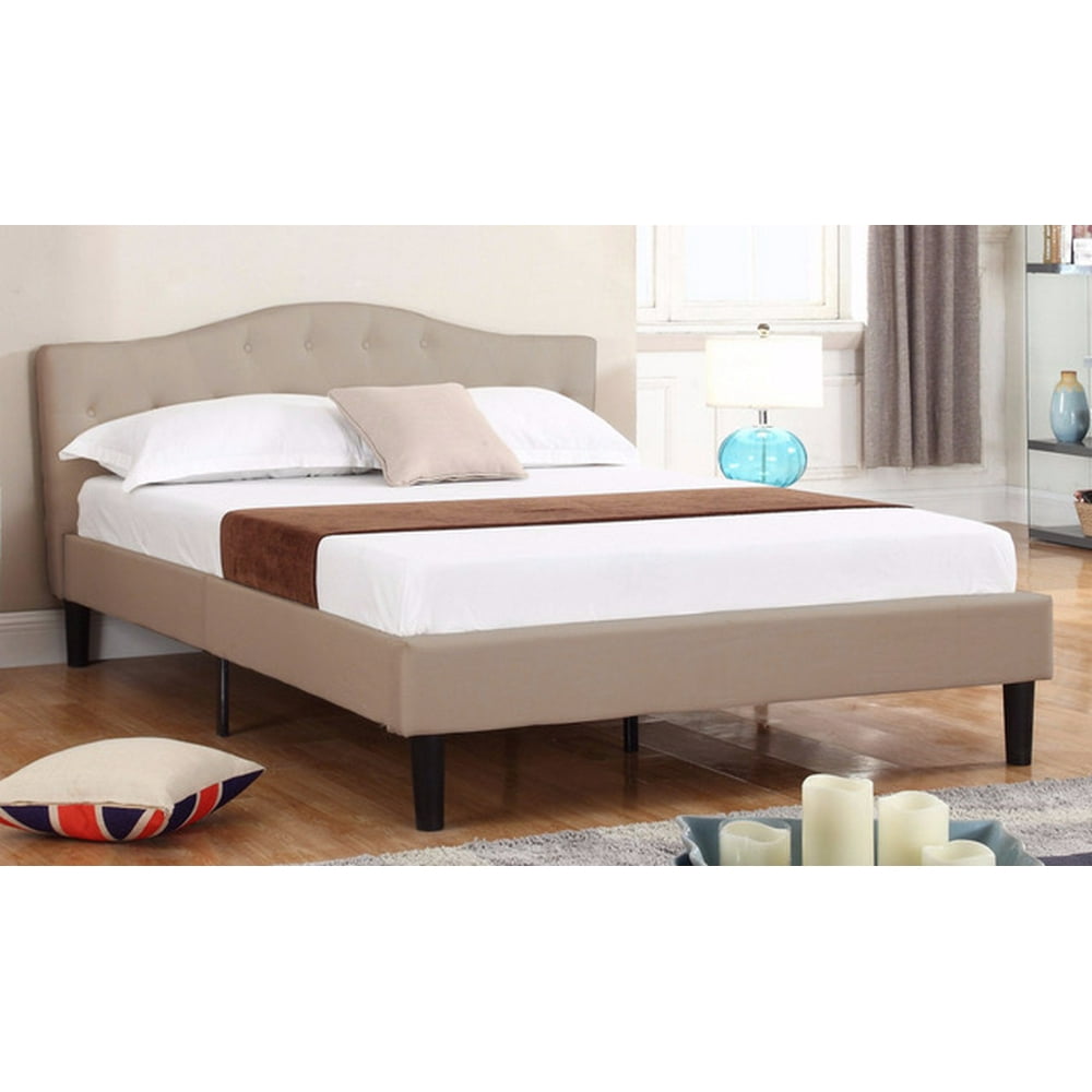 Classic Deluxe Linen Fabric Platform Bed with Wooden Slats in Ivory