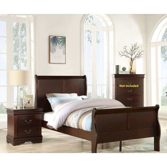 3pc Louis Philip Collection Transitional Twin Size Bedroom Set Panel Bed and 2x Nightstands Cherry Brown Finish Wooden Furniture